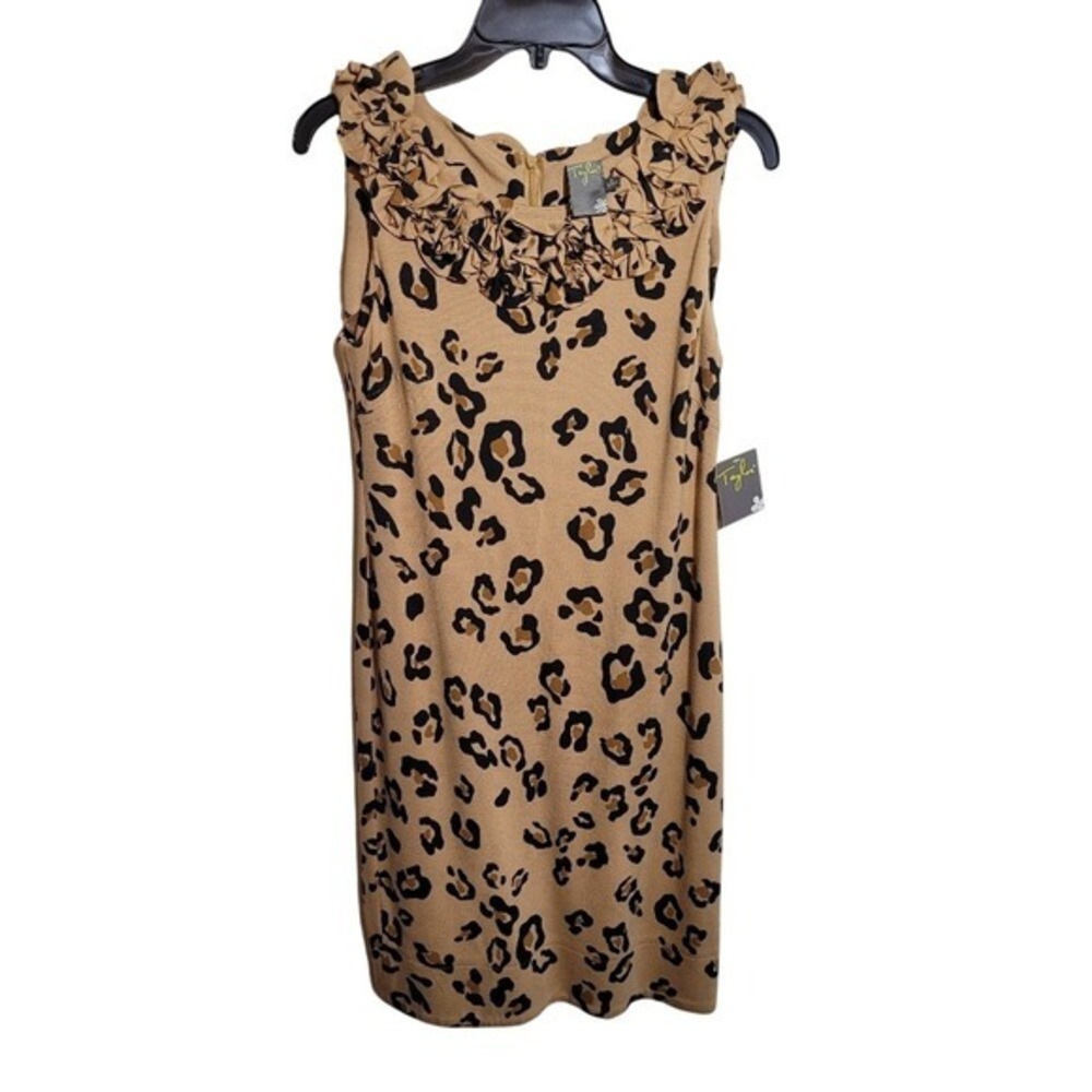 Taylor Leopard Print Ruffle Neck Sleeveless Sheath Dress Tan Black Size 2 NEW